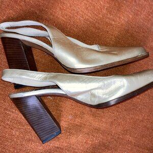 Fratelli Rossetti Slingback Heels Leather Metallic Cream Almond Toe Italy 39